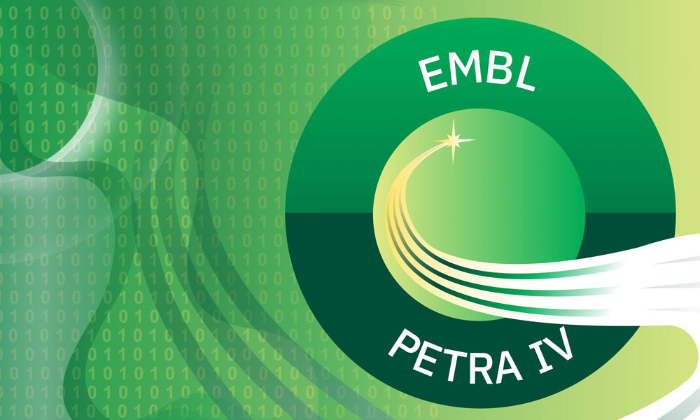 The logo of EMBL at PETRA IV is located on the right side of the image. It is a green circle with a curved line in the middle, which symbolises the curve of the synchrotron. The background behind the logo consists of abstract green shapes and multiple 0 and 1 digits.