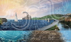 Illustration of a rocky coastline with sailing boat, mountains, underwater organisms, bridge and factory in the background.