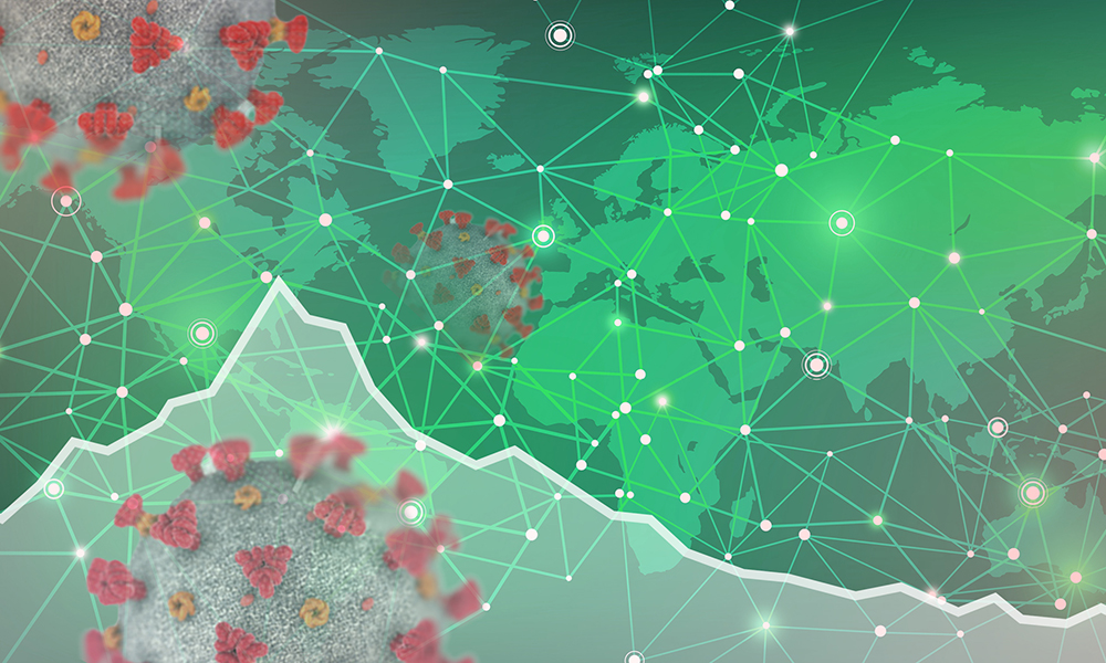 A network of white dots and sputnik-like viruses make up an illustration atop of a green world map-