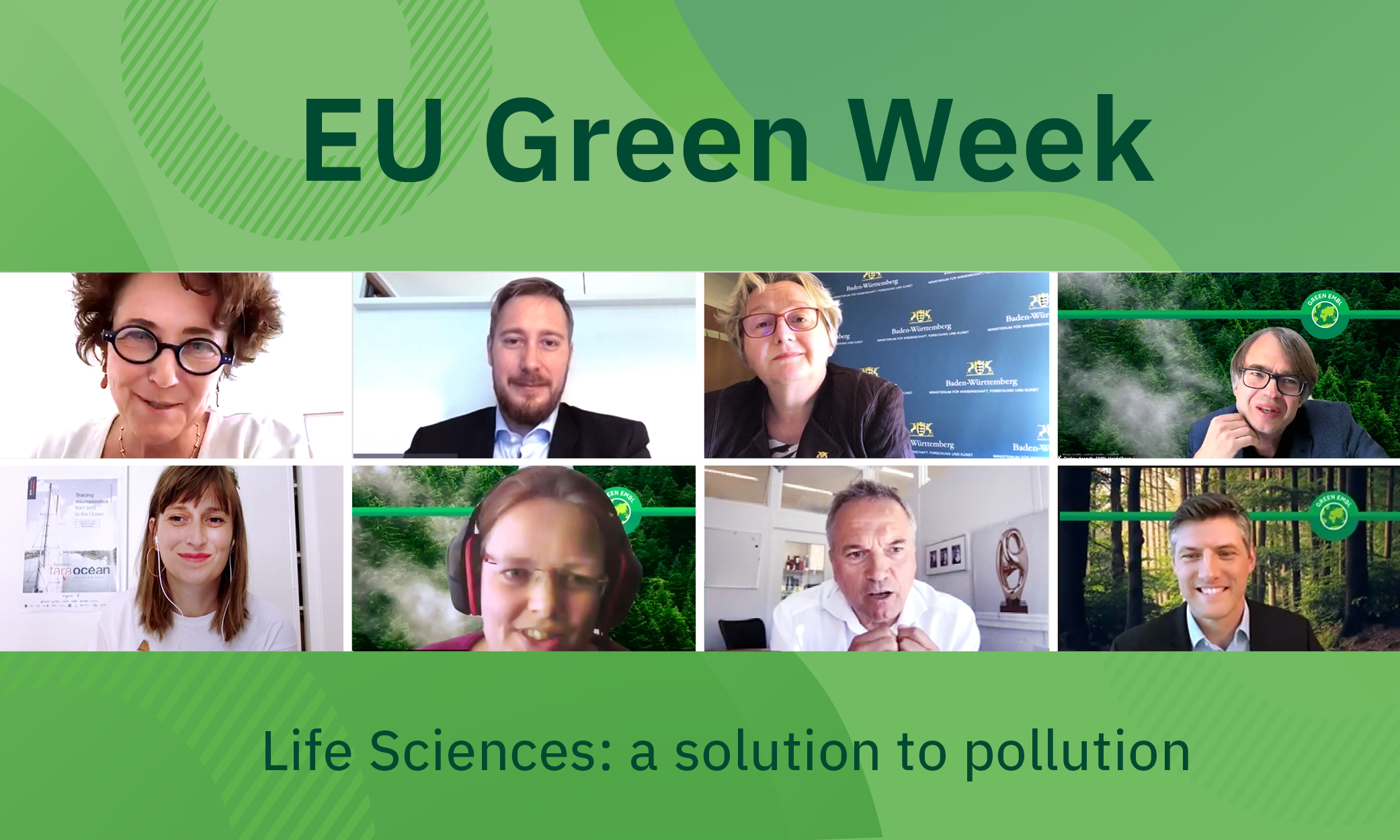 8 headshots of representatives from science, industry and government are displayed against a green background for EU Green Week