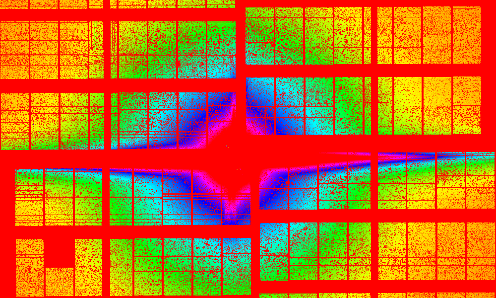 Dots of various colour arranged in rectangles. Concentric rings of different colour indicate different distances from the centre of the image.