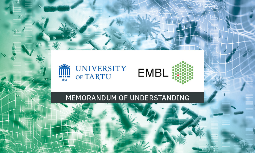 Logos of University of Tartu and EMBL with text: “memorandum of understanding”. Illustrations of microorganisms in the background.