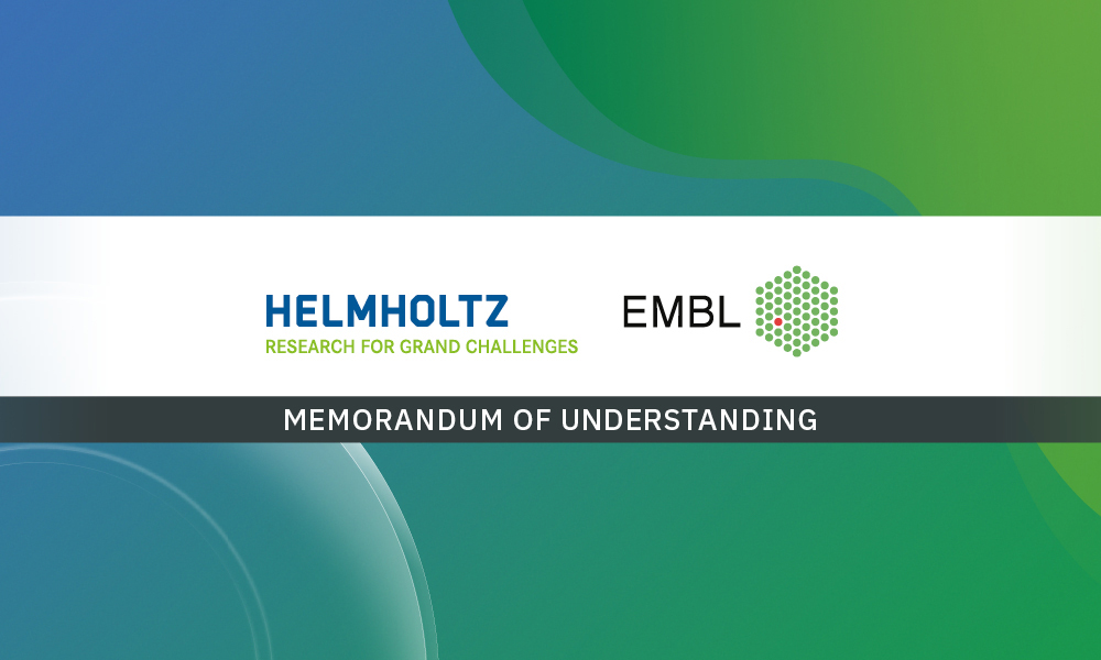 Logos of EMBL and Helmholtz Association on white background, over a green-and-blue pattern in the background.