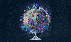 Illustration of a globe with colourful shapes and symbols superimposed.