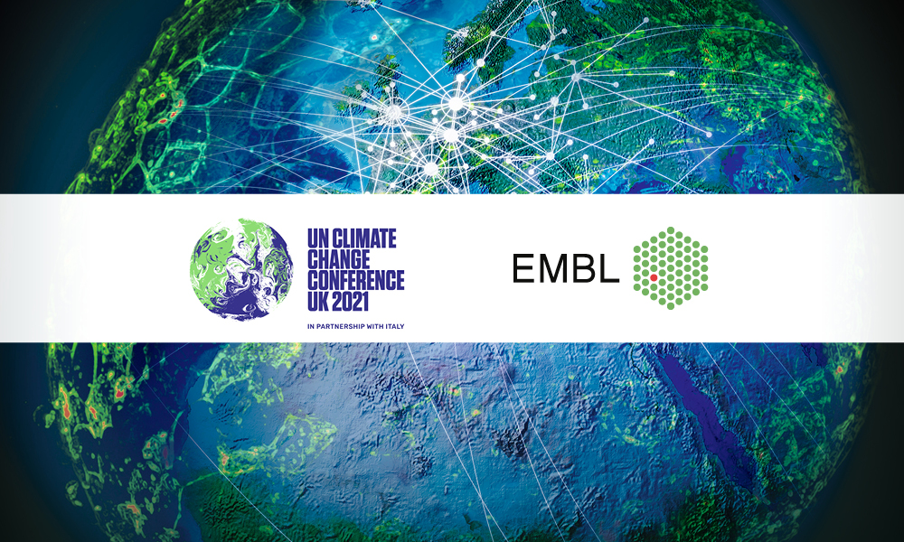 Visual showing a gloabal netwrok and COP26 and EMBL logos