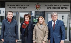 A portrait image Prof. Virginijus Šikšnys, Chairman of the board of the VU Life Sciences Center; Edith Heard, EMBL Director General; Plamena Markova, EMBL Head of International Relations; Prof. Gintaras Valinčius, Director of Vilnius University Life Sciences Center