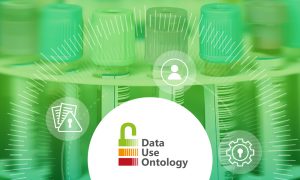Logo showing an opened padlock and the words “Data Use Ontology” and biomedical samples in background.