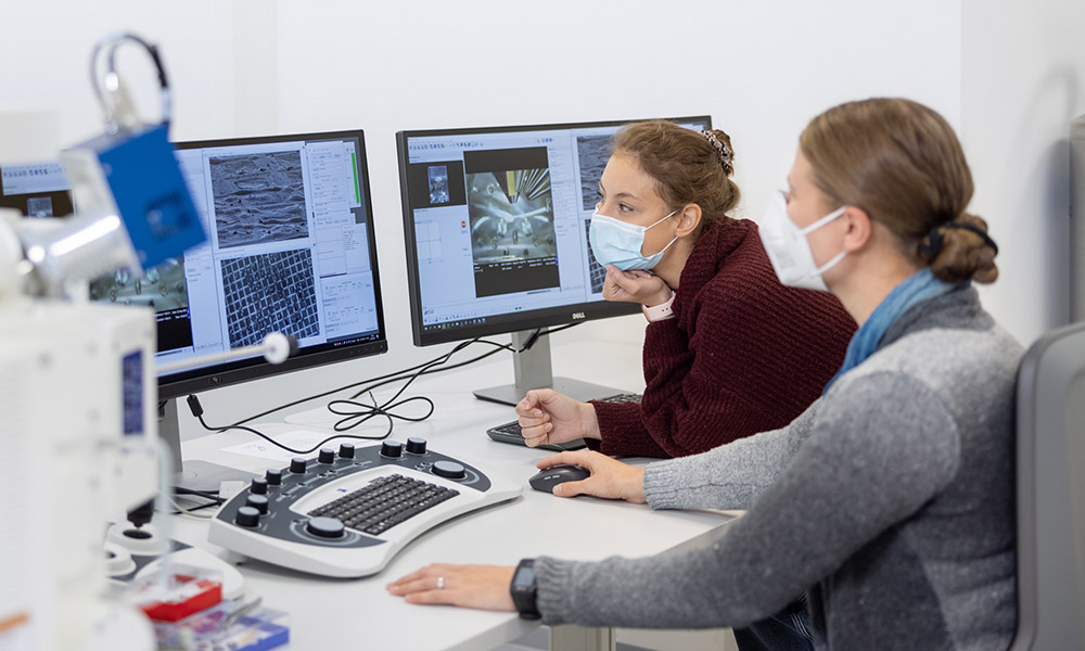 Pia Lavriha and Anna Steyer look at cryo-electron microscopic images on a computer screen.