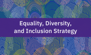Concentric circles and lines in different colours, representing fingerprints. Text: "Equality, Diversity, and Inclusion Strategy."