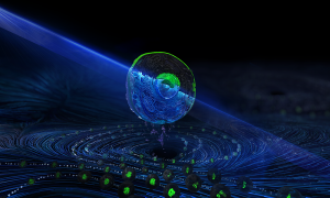 The cross-section of a cell expressing a green fluorescently tagged protein and illuminated by a blue laser is visible in the foreground, surrounded by a vortex of cells