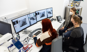 Three women are seen in front of a computer, with the electron micrograph of a woodlouse visible on the screens