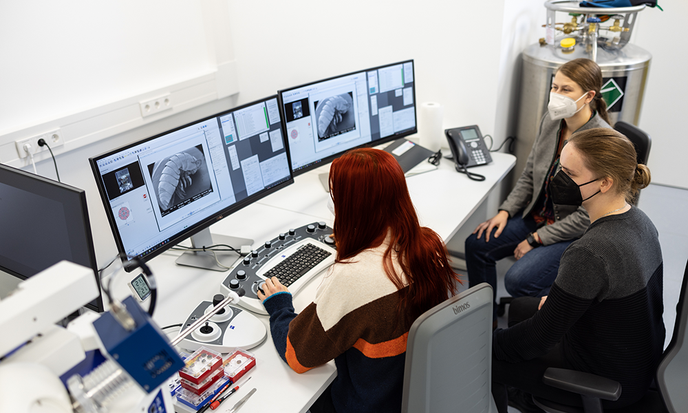 Three women are seen in front of a computer, with the electron micrograph of a woodlouse visible on the screens