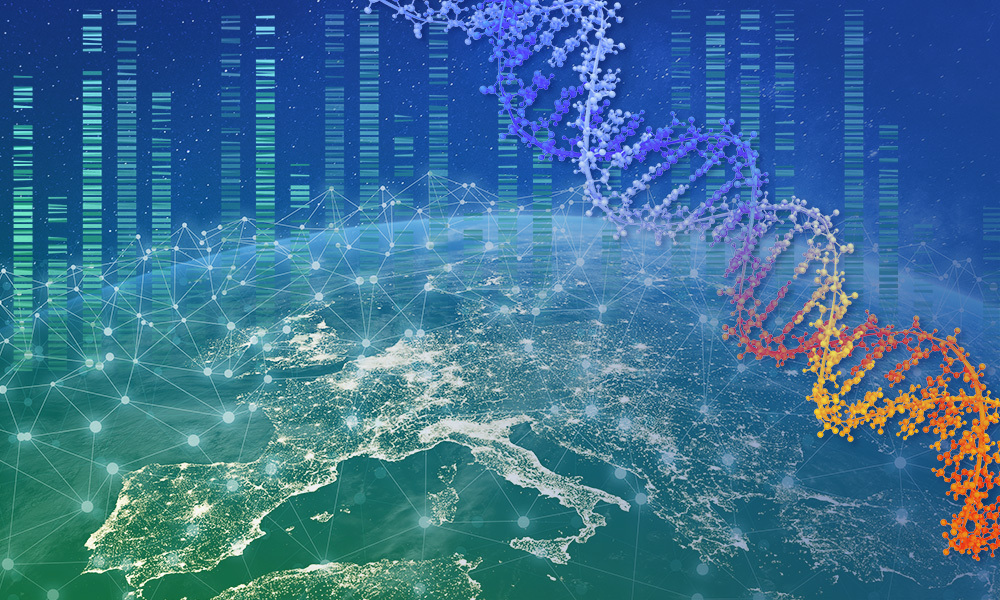 The Earth with a DNA structure and sequencing information in the background