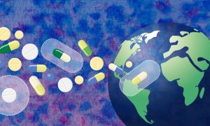 Different drugs to represent TB treatments, a globe to show global collaborations. In the background is a microscopy image of M. tuberculosis and sequencing information.