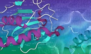 A protein structure with amino acid codes and a protein sequence in the background. White curvy lines running across the image are to represent neural networks.