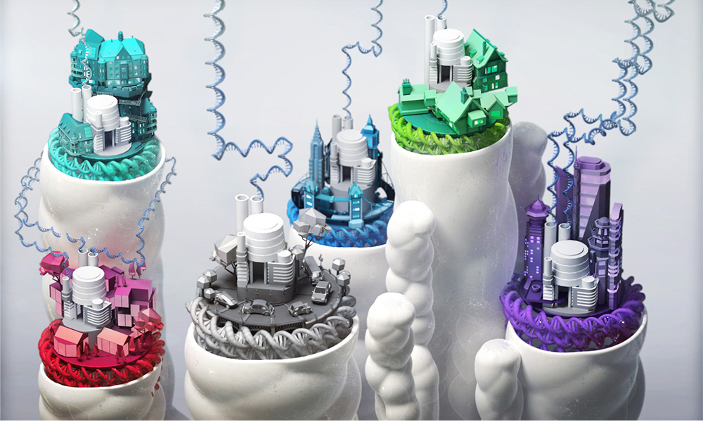 Science art expressing the concept of transcriptional neighbourhoods regulating transcript isoform lengths and expression levels.