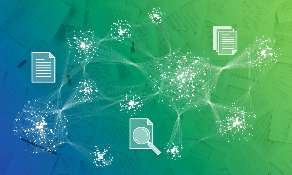 Green and blue background with white lines connecting to represent a neural network and icons to represent literature and literature search.