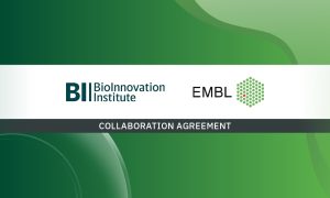 BII and EMBL logos are on a white band set against a wavy green background