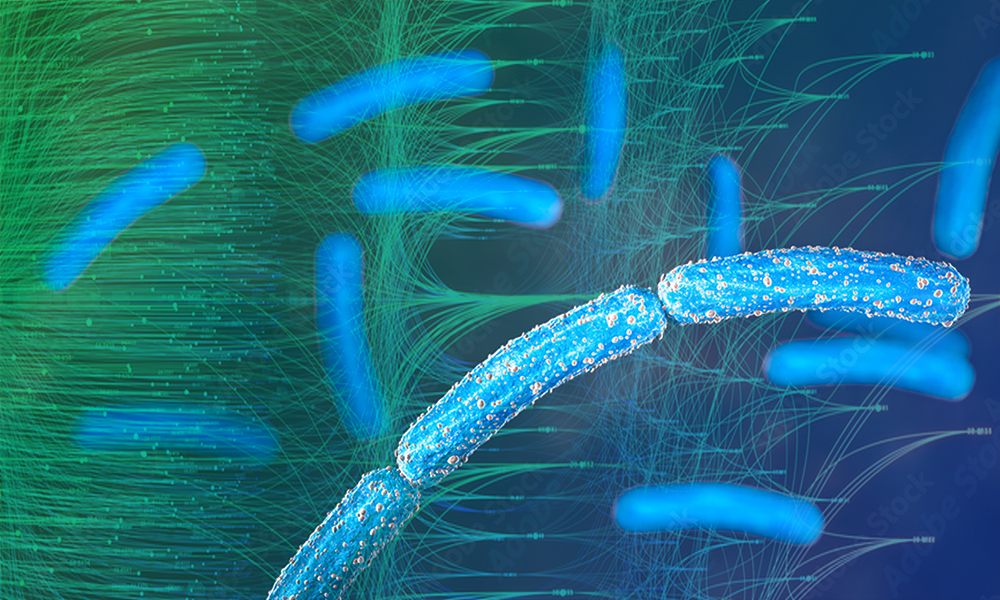 Several long bacteria being shown on green background with neural network graphic elements.