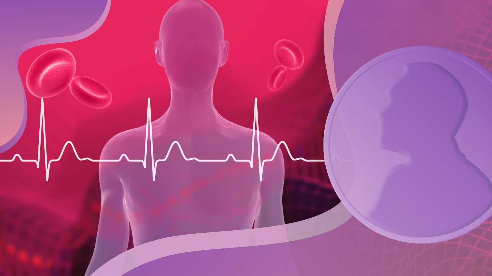 Outline of a human, purple against red background. Red blood cells in the background, electrocardiogram across the image. On the right, outline of a Nobel prize medal.