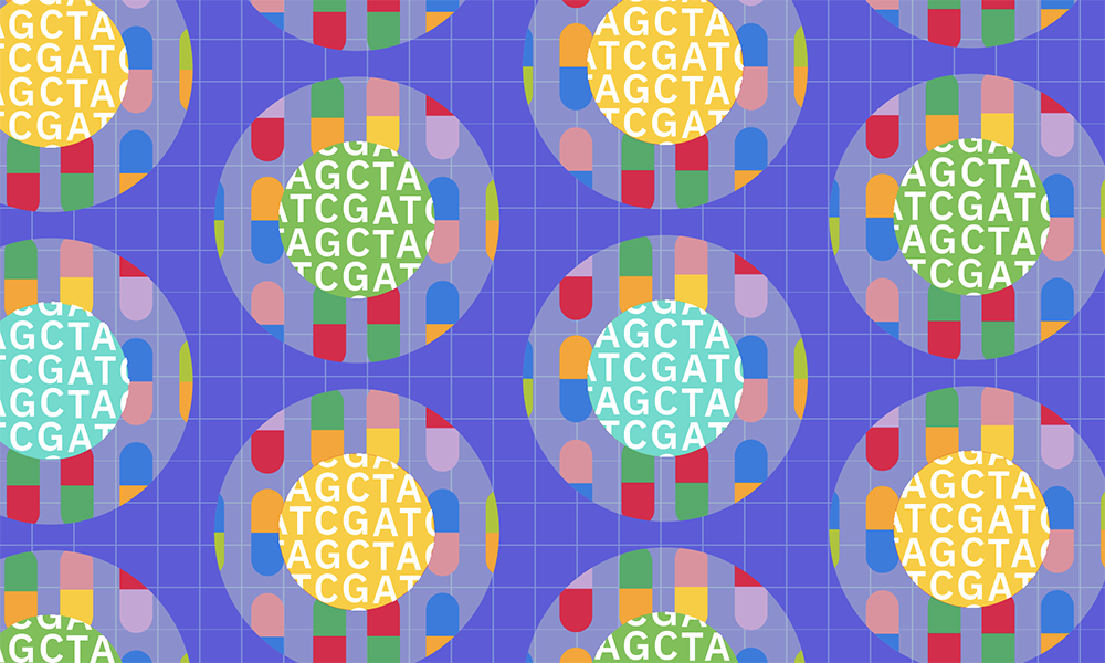 Droplets are symbolically represented as concentric circles, with the inner circles displaying DNA sequences while the outer circles depict drug combinations as colourful pills.