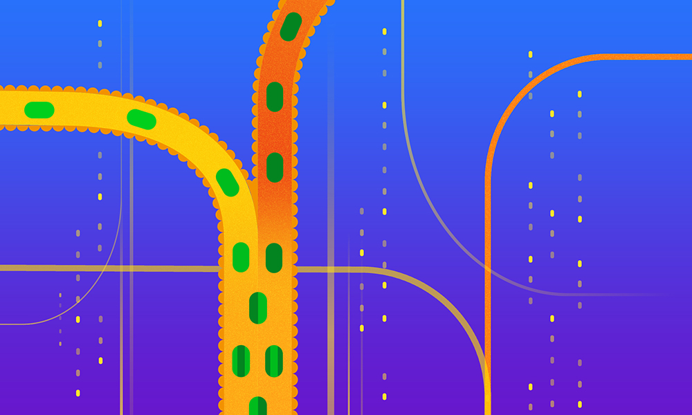 The foreground shows two yellow pipes representing the human gastrointestinal tract coming together, representing the confluence of donor and recipient gut ecosystems. Bacteria can be seen as green shapes inside the pipes and various kinds of interactions between them are shown symbolically as a mixing of colours.