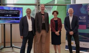 Photo representing Luis Serrano, Director of CRG, Ben Lehner, Coordinator of the Systems Biology programme at the CRG, Edith Heard, Director General of EMBL and James Sharpe, Head of EMBL Barcelona.