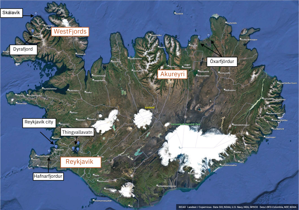 Map of Iceland with labels pointing to various sampling sites
