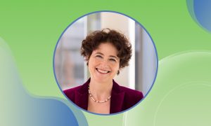 Female Scientist pictured in circular inset with green and blue shapes in the background