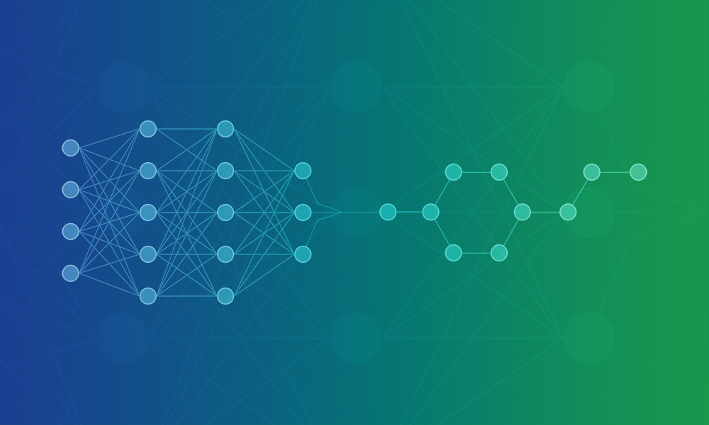 The final set of nodes in a machine learning neural network connect to the first atom of a simplified chemical structure