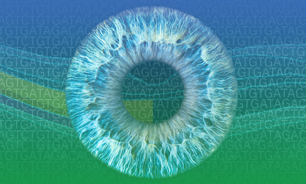 Eye with genomic data and optical coherence tomography (OCT) image in the background