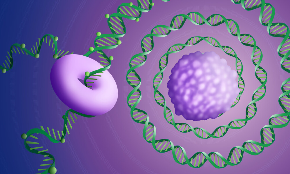 Artistic representation that features a long, winding helix joining together a doughnut-figure to a small shaggy ball to indicate the connections long-read sequencing can make about DNA mutations.