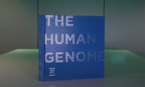 Blue book with title saying 'The Human Genome'