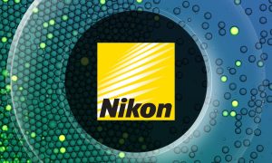 Nikon logo on a scientific background