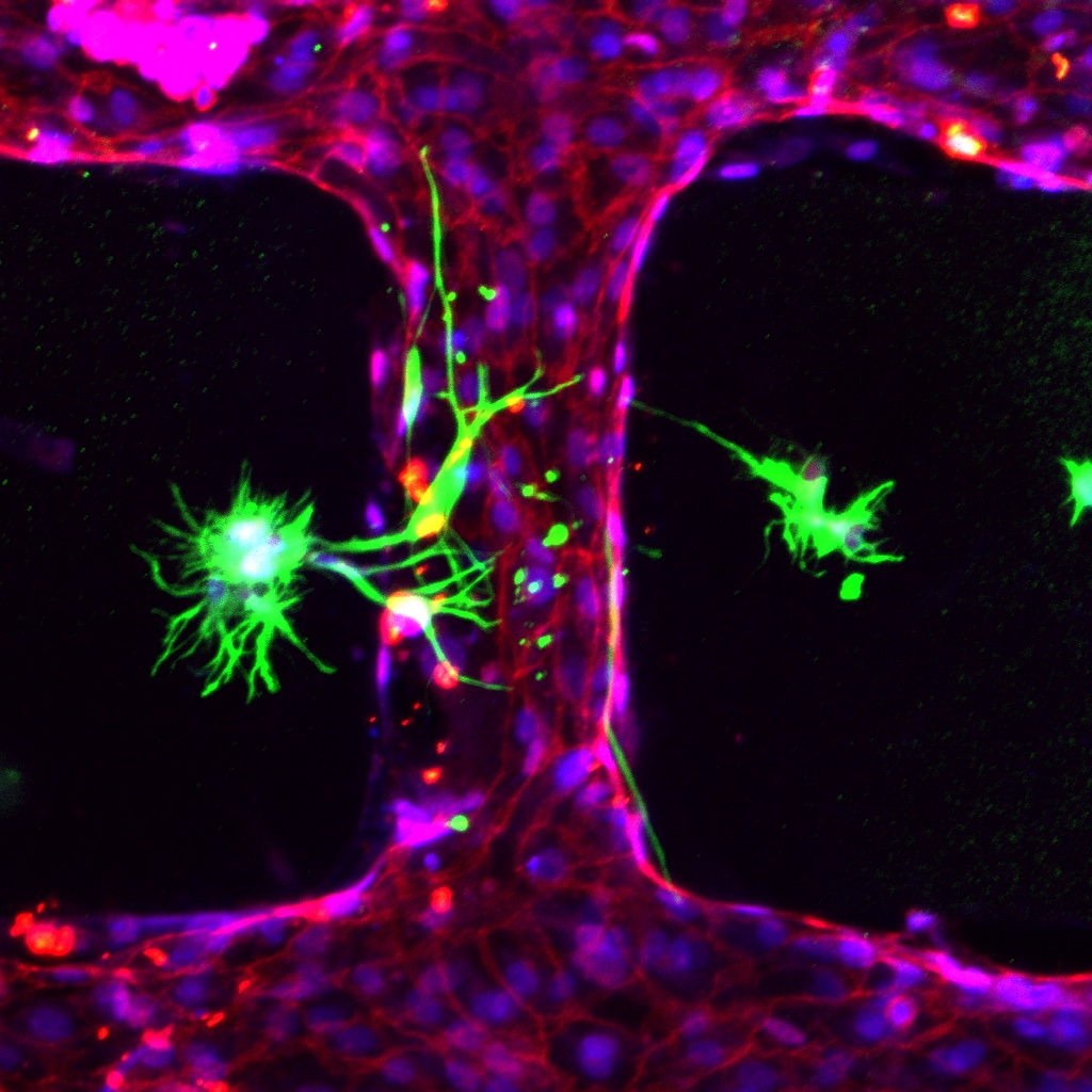 Microscope image of artificial blood vessel, with endothelial cells in red, astrocytes in green, and nuclei in blue. 
