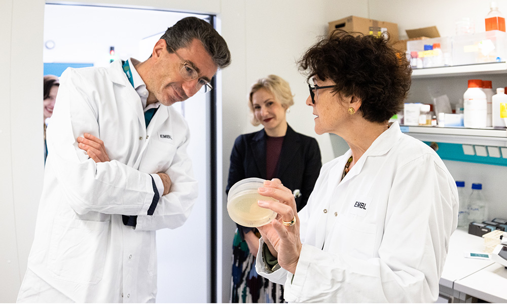 Female scientist in white lab coat is showing material in a petri dish to EC official in lab coat