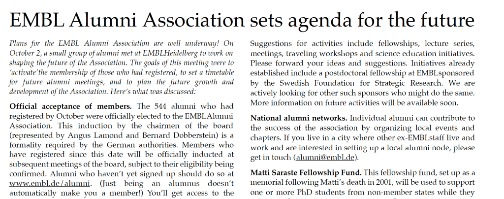 EMBLetc. clipping titled "EMBL alumni association sets agenda for the future"