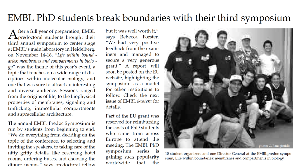EMBLetc. clipping titled "EMBL PhD students break boundaries with their third symposium"