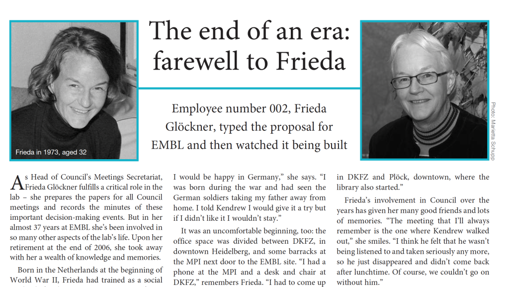 EMBLetc. clipping titled "The end of an era: farewell to Frieda"