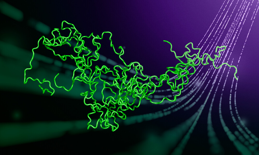 In the foreground: an intrinsically disordered protein, which has a form of a tangled, unstructured string. In the background: a set of parallel curved lines.