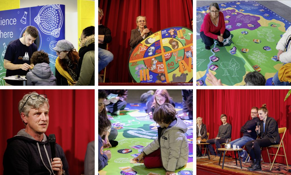 Collage of six photographs showing people participating in public engagement activities.