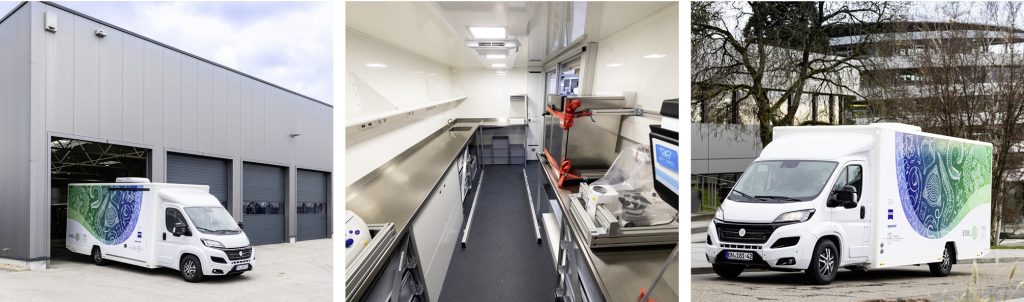 Collage of three photographs showing the interior and exterior of the van that houses the mobile sample processing lab. 