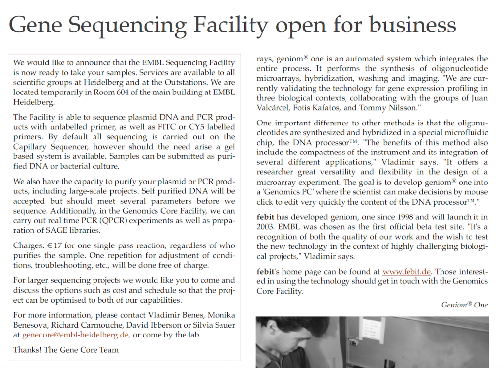 EMBLetc. clipping titled "Gene sequencing facility open for business"