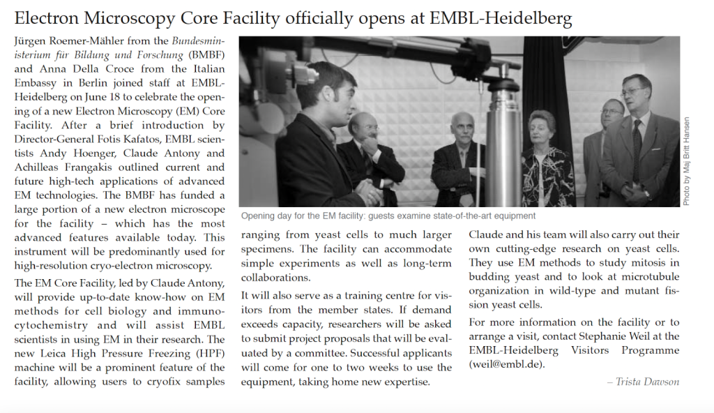 EMBLetc. clipping titled "Electron Microscopy Core Facility officially opens at EMBL Heidelberg"