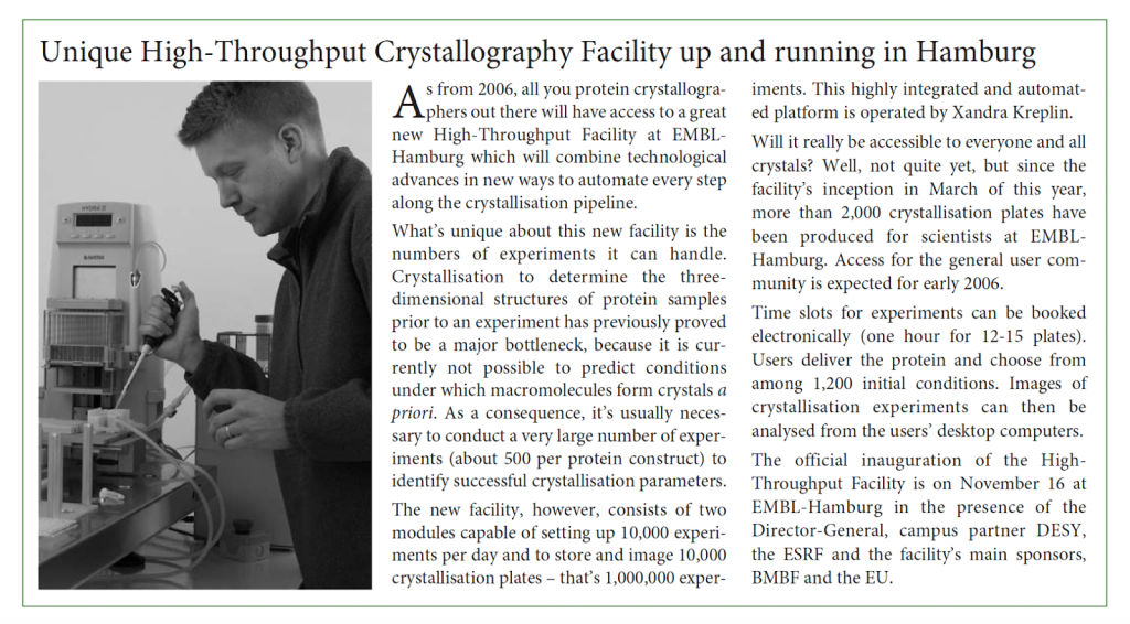 EMBLetc. clipping titled "Unique High-Throughput Crystallography Facility up and running in Hamburg"