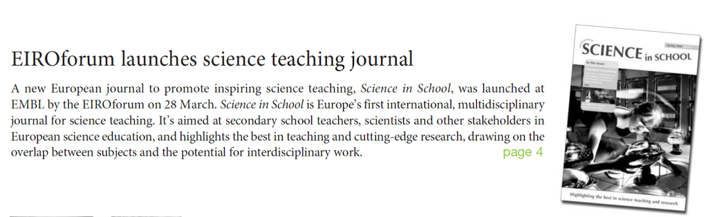 EMBLetc. clipping titled "EIROforum launches science teaching journal"