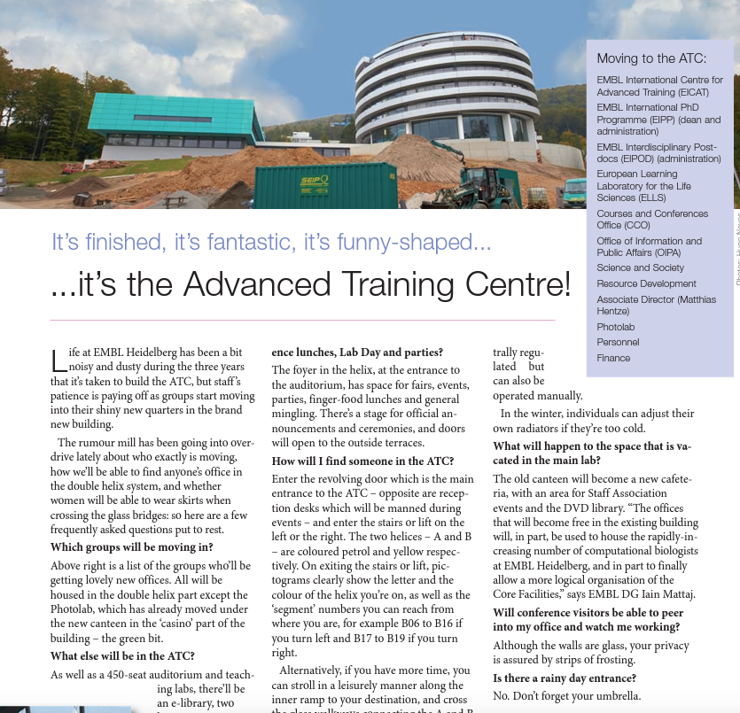 EMBLetc. clipping titled "It's finished, it's fantastic, it's funny-shaped... it's the Advanced Training Centre!"