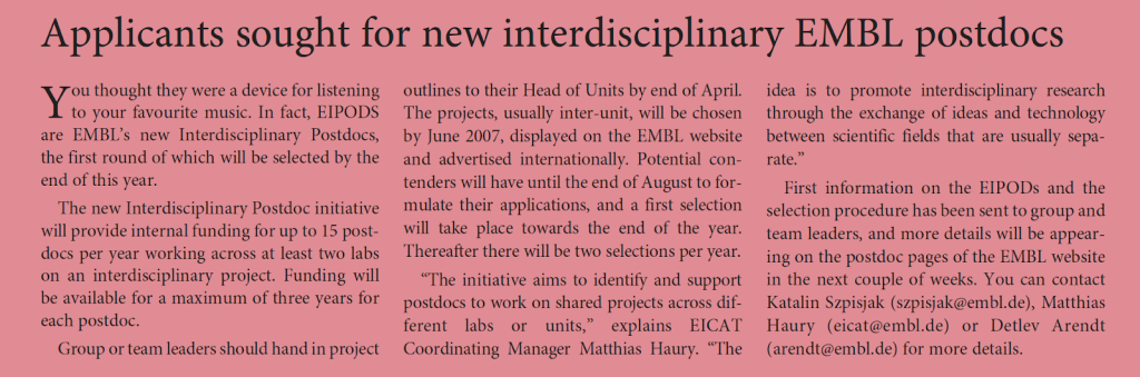 EMBLetc. clipping titled "Applicants sought for new interdisciplinary EMBL postdocs"