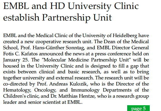 EMBLetc. clipping titled "EMBL and HD University Clinic establish partnership unit"