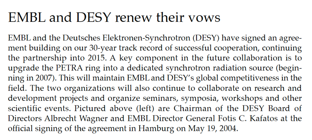 EMBLetc. clipping titled "EMBL and DESY renew their vows"